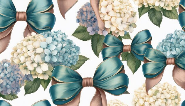 grandmillennial hydrangea bows ribbons seamless pattern in hand drawn style retro summer garden flower on white background elegance wedding botanical repeat print textile design wallpaper
