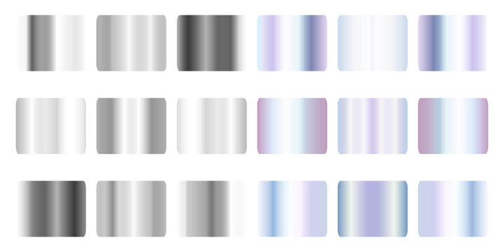 Metallic hologram frame collection with gradient transitions from silver chrome to iridescent rainbow finishes for modern design. Rectangular borders with reflective surfaces and color shifting effect