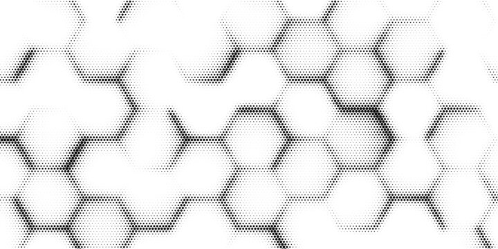 Black seamless hexagon texture. Repeated honeycomb pattern background. Geometric hexagonal halftone tech overlay backdrop. Abstract repeating hex halftone. Vector retro technology dot texure wallpaper