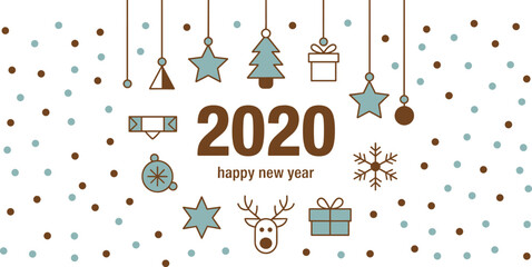 Happy New Year 2020 greeting card vector with minimal hanging Christmas ornaments reindeer stars snowflake and confetti elements © Sayed