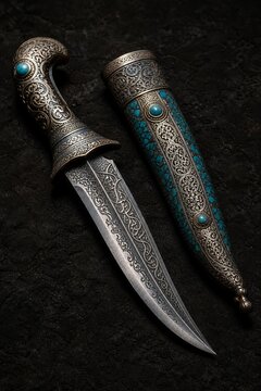 Curved dagger with intricate arabesque patterns and turquoise inlaid scabbard.