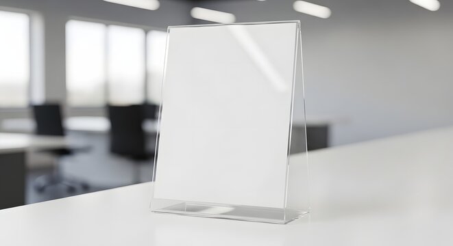Clear acrylic stand with blank paper on a white counter in a modern office environment, ready for custom text or image display.