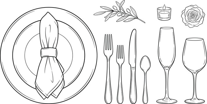 Elegant Table Setting Outline Vector Icon Set with Plate Napkin Cutlery Wine Glasses and Elegant Wedding Banquet Table Decorations