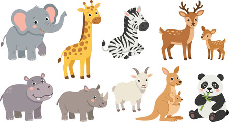 Fototapeta premium Cute Safari and Wildlife Animal Cartoon Collection Featuring Elephant Giraffe Zebra Deer Rhinoceros Hippopotamus Goat Kangaroo and Panda with Baby Animals Vector Illustration