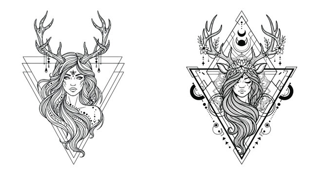 Geometric woman with antlers and floral crown black line art illustration