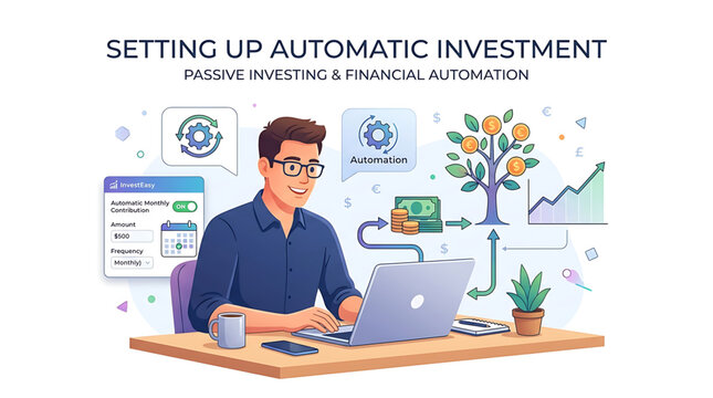 Young man setting up automatic investment on laptop, passive income and financial automation concept
