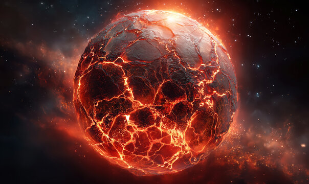 Dramatic alien planet with glowing volcanic terrain and molten surface floating in deep space, surrounded by stars and cosmic dust.