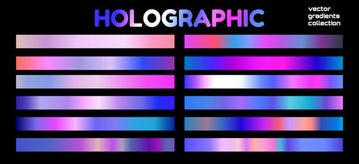 Collection of holographic gradient swatches with neon, rainbow and iridescent effects. Futuristic color palette for branding, graphic design, digital backgrounds, UI, posters and creative projects. © Saibarakova Ilona
