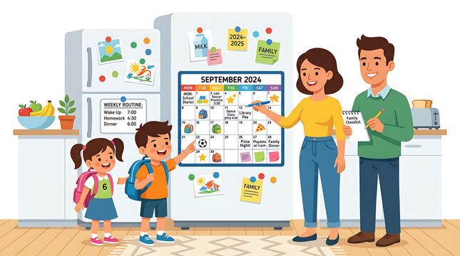 A family of four standing in front of a refrigerator with a calendar on it in a kitchen setting with a wooden floor and
