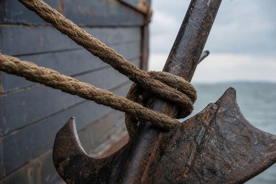 Two thick, weathered hemp ropes crossed, securing a rusted ship's anchor.