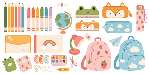 Obraz premium School supplies set with backpacks notebooks and student stationery items in pastel colors for back to school educational templates retail banners or custom sticker sheets