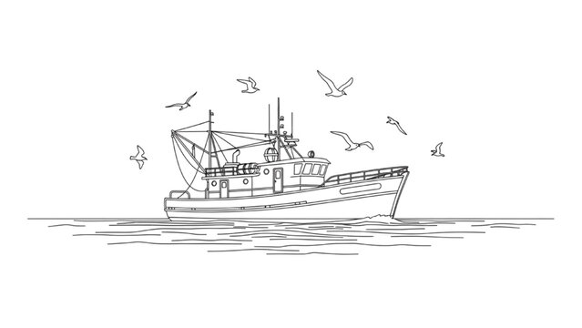 A 2D AutoCAD Vector illustration of a fishing boat sailing on calm waters with seagulls flying.
