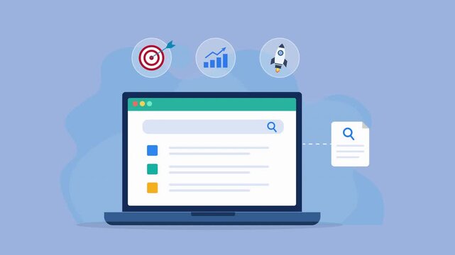 Animated flat vector dashboard on a laptop screen featuring target monitoring, growth analytics, and achievement tracking icons. Modern business performance and productivity concept.