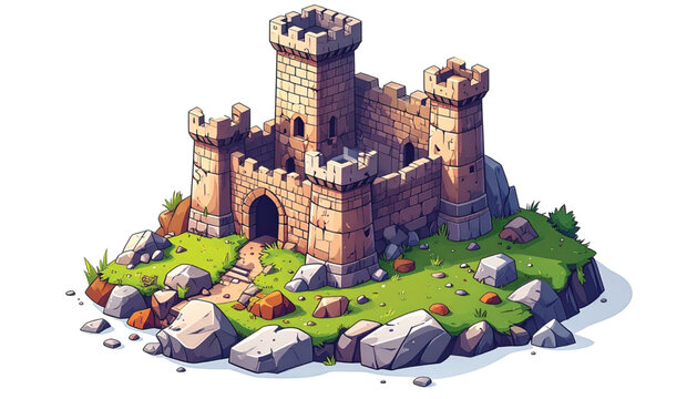 Medieval castle with stone towers standing.
