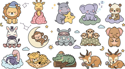 Fototapeta premium Cute Sleeping Baby Animals Collection Featuring Lion Giraffe Elephant Hippo Monkey Deer Sloth and Adorable Dreamy Characters