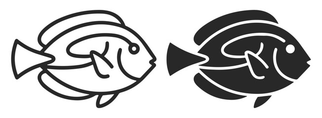 Fototapeta premium Black and white fish icons set with outline and solid styles for design and illustration on transparent background