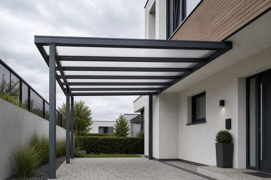 Modern metal-framed carport with a translucent roof attached to a house.