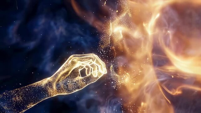 Glowing ethereal hand touches a cosmic nebula of dust and light. Divine creation of life and universe as told in biblical genesis. Abstract spiritual energy flow.