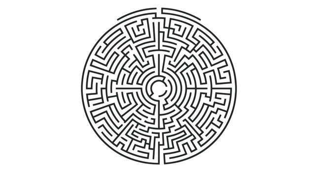 Circular labyrinth maze line art illustration.