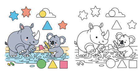 Cute cartoon baby rhino and koala playing with colorful shapes and splashing in water, perfect for educational content. © Dewan