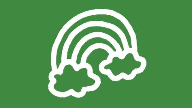 Cute rainbow and clouds hand-drawn cartoon graphic with chalk outline kids party weather icon isolated on green screen background for school classroom, kindergarten, and creative joyful line art.