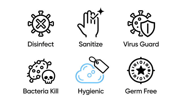 Six linear style disinfection and sterilization icons, representing the concept of disinfection, bacteriostasis, sterility and cleanness, are applicable to the labeling of sanitary disinfection 
