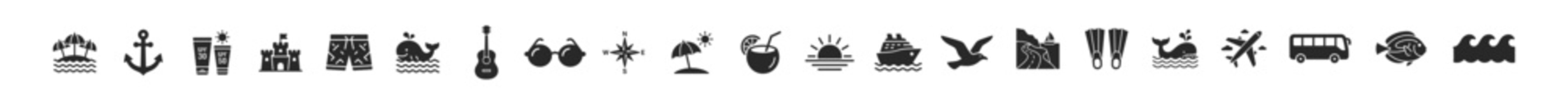 Set of simple black line icons representing office and digital workspace with computer, desk, keyboard, mouse, tablet, coffee cup, and stationery on transparent background