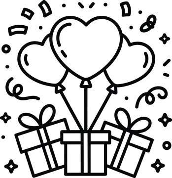 Heart-shaped balloons, gift boxes, and confetti illustration, drawing for children's coloring page activity and heart floating and kids book in outlin