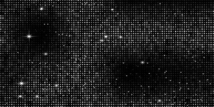 Silver mosaic disco ball background with white mirror glitter and light spots texture. Shiny grey tones sequin pattern. Festive fashion decoration. Glam sparkle Christmas wall. Vector illustration.