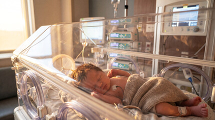 Fototapeta premium Close-up view of a newborn baby lying in a neonatal intensive care unit with medical monitoring cables attached.