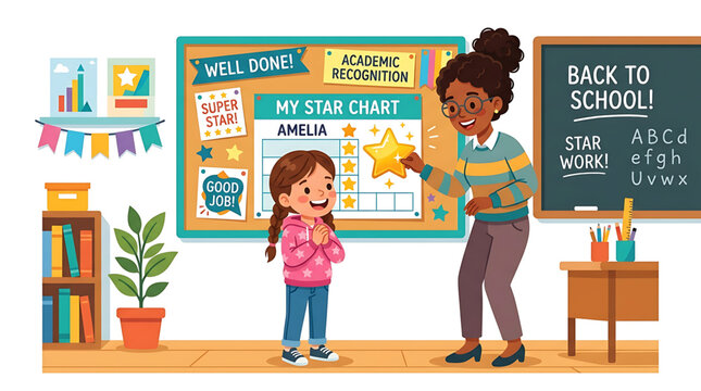 A cartoon illustration of a female teacher and a young girl standing in front of a star chart on the wall in a classroom