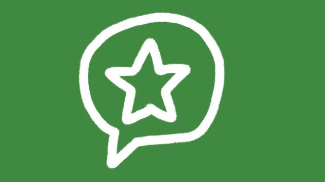 Star speech bubble rating hand-drawn cartoon graphic with chalk outline feedback notification icon isolated on green screen background for creative student reward line art element concept.