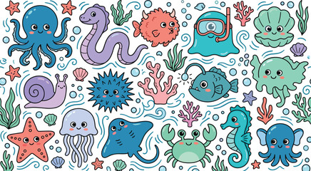 Naklejka premium Cute Underwater Sea Creatures Seamless Pattern Featuring Octopus Seahorse Crab Jellyfish Stingray and Adorable Marine Animals