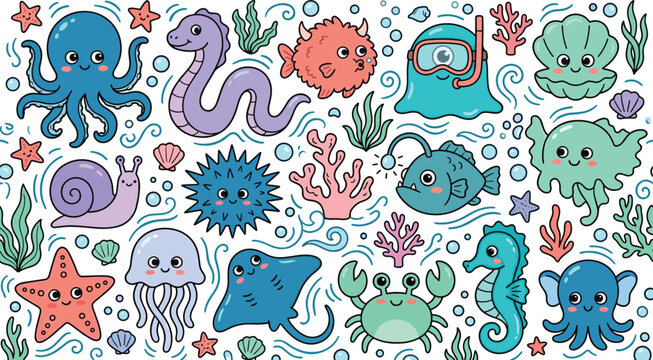 Cute Underwater Sea Creatures Seamless Pattern Featuring Octopus Seahorse Crab Jellyfish Stingray and Adorable Marine Animals