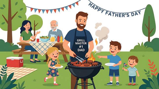 Happy family celebrating fathers day with barbecue in the park on a sunny day with a grill master