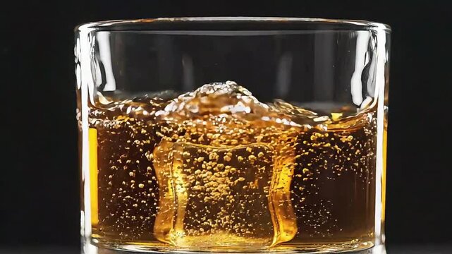 Ice cube dropping into a glass of whiskey with splash on black background