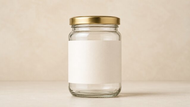 Clear glass jar packaging mockup with blank label and gold lid on beige background