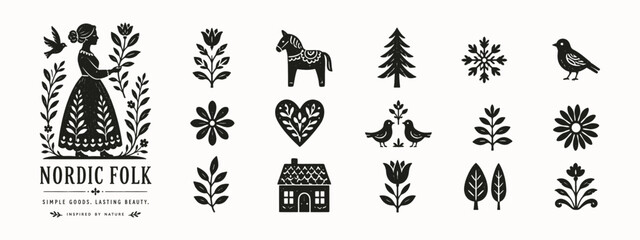 Fototapeta premium Black and white Nordic folk art icon set with flowers birds and dala horse
