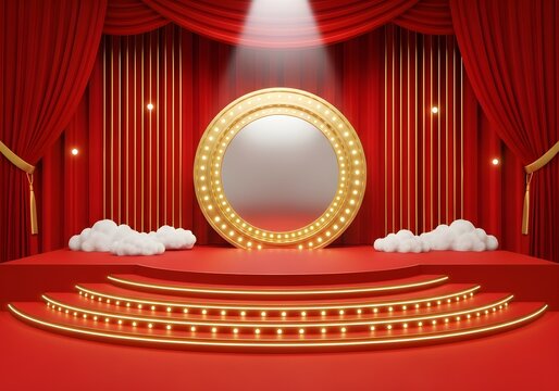 A luxurious red stage with a large circular mirror and gold accents isolated on white background is not applicable since background is not white