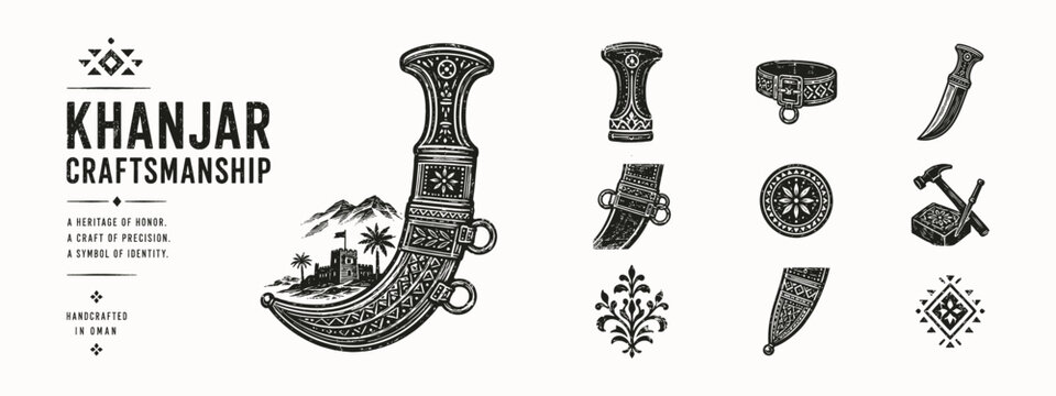 Traditional Omani Khanjar dagger set with cultural icons fortress and craft tools in vintage style