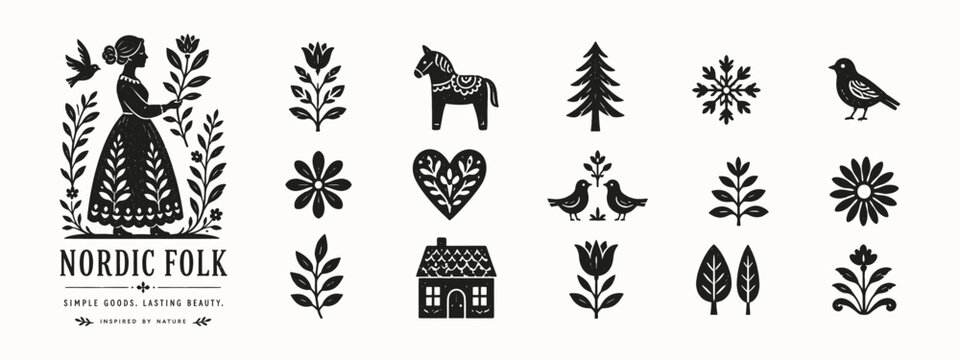 Black and white Nordic folk art icon set with flowers birds and dala horse