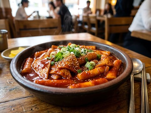 Delicious Korean Tteokbokki served in a rustic bowl, garnished with fresh green onions and sesame seeds on a wooden table in a cozy restaurant setting