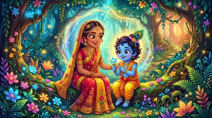 Fototapeta premium mother yashoda playing with little krishna blissfull night ,moon spring ,peaceful forest blossom flower, janmastami abstract wallpaper