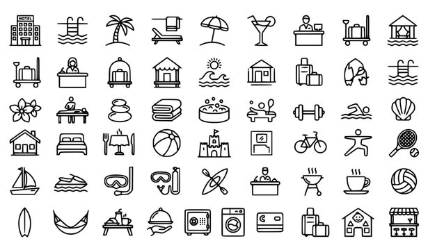 Set of 45 resort outline icons with beach hotel spa vacation tourism symbols linear editable stroke vector collection isolated on white.