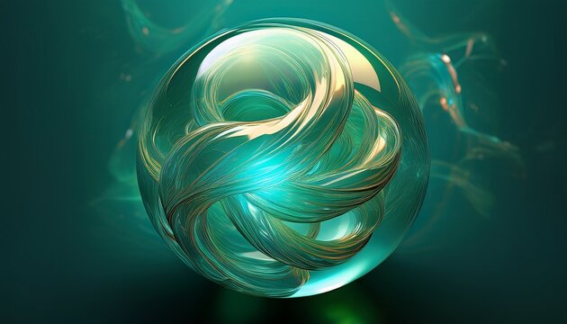 abstract teal 3d glass sphere with swirling glass orb and ethereal knot modern abstract background