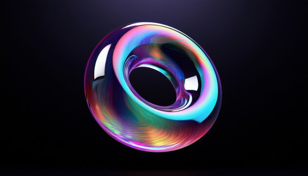 glass iridescent torus floating chromatic dispersion black vertical background 3d render