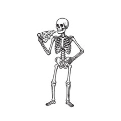Fototapeta premium Skeleton Holding Pizza Slice Vintage Black Ink Illustration On White