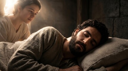 Naklejka premium Joseph sleeping in bed while an angel appearing in a dream. Biblical scene from Matthew of the annunciation to Joseph. Religious depiction of Christian faith and divine visitation.