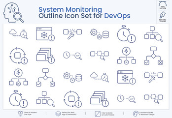 Naklejka premium System Monitoring and Infrastructure Management Outline Icon Set for DevOps, Network Diagnostics and Workflow Automation