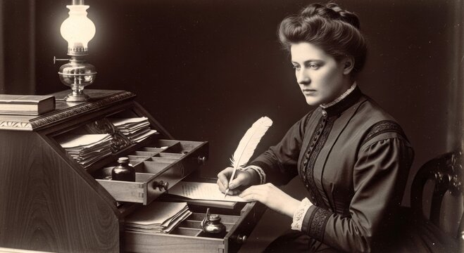 Victorian woman writing a letter with a quill pen at a vintage wooden desk. Historical scene featuring a lady working by oil lamp light. Classic literature and education theme.